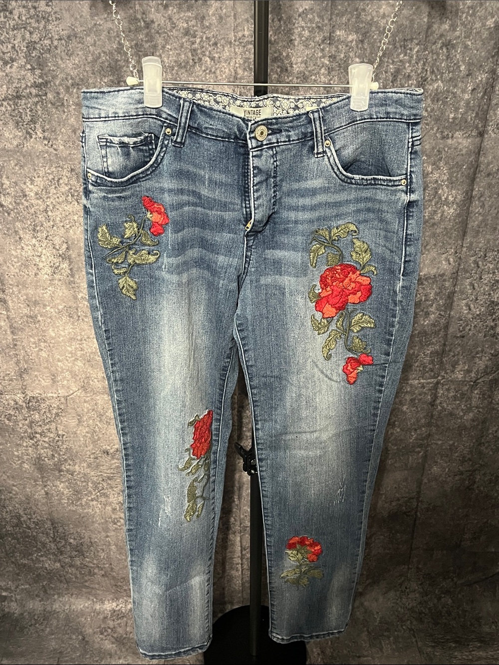 Vintage America Blue Denim Jeans with Red Floral Embroidery